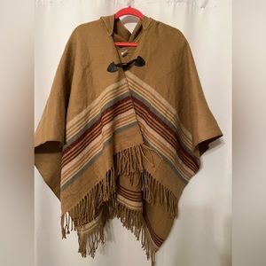 Camel colored Poncho with multi-colored stripes One Size